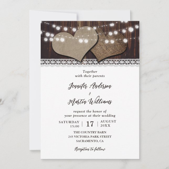 Rustic Hearts String Lights Lace Barn Wood Wedding Invitation (Front)