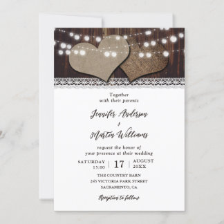 Rustic Hearts String Lights Lace Barn Wood Wedding Invitation