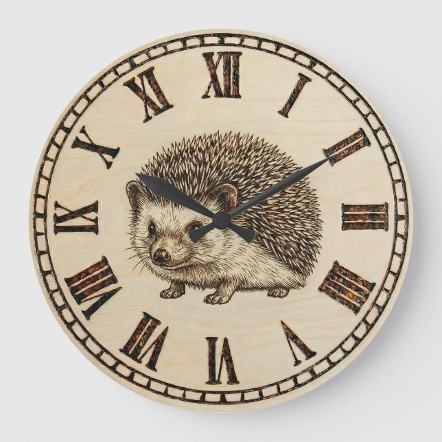 Rustic Hedgehog Wall Clock – Woodland Wooden Style (Front)
