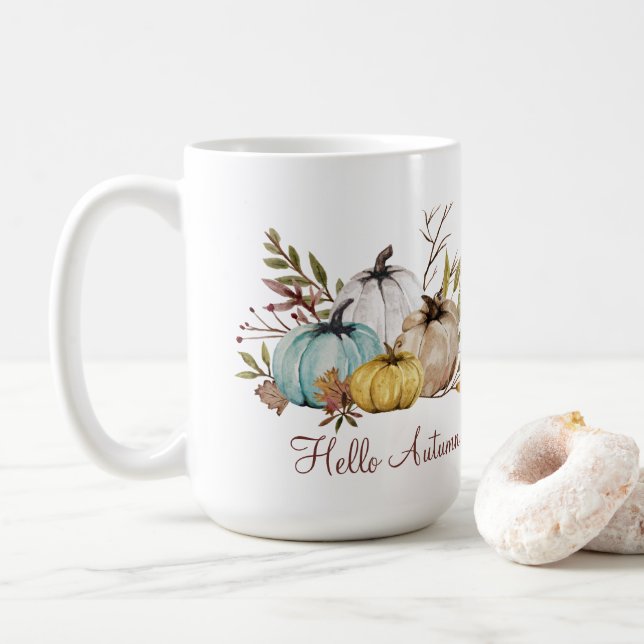 Rustic Hello Autumn Pumpkins  Coffee Mug (With Donut)