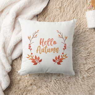 Rustic Hello Autumn Typography Orange Leaves Fall Throw Pillow