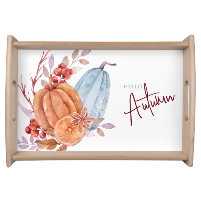 Rustic Hello Autumn Watercolor Pumpkins Serving Tray (Front)