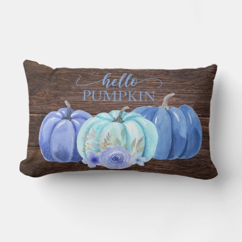 Rustic Hello Pumpkin Blue Fall Flowers Lumbar Pillow
