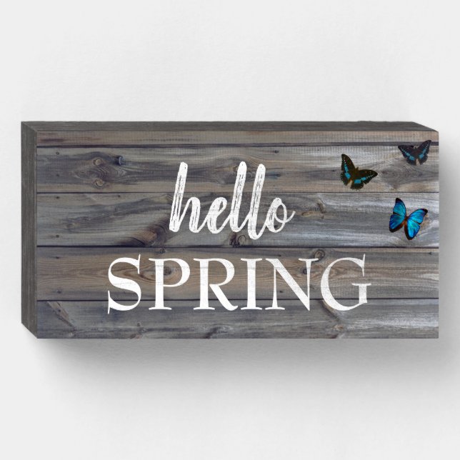 Rustic "Hello Spring" Quote White Typography Wooden Box Sign (Front Horizontal)