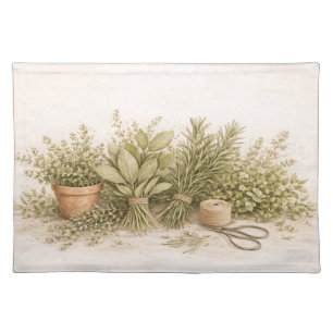 Rustic Herb Bundle Botanical Watercolor Still Life Cloth Placemat