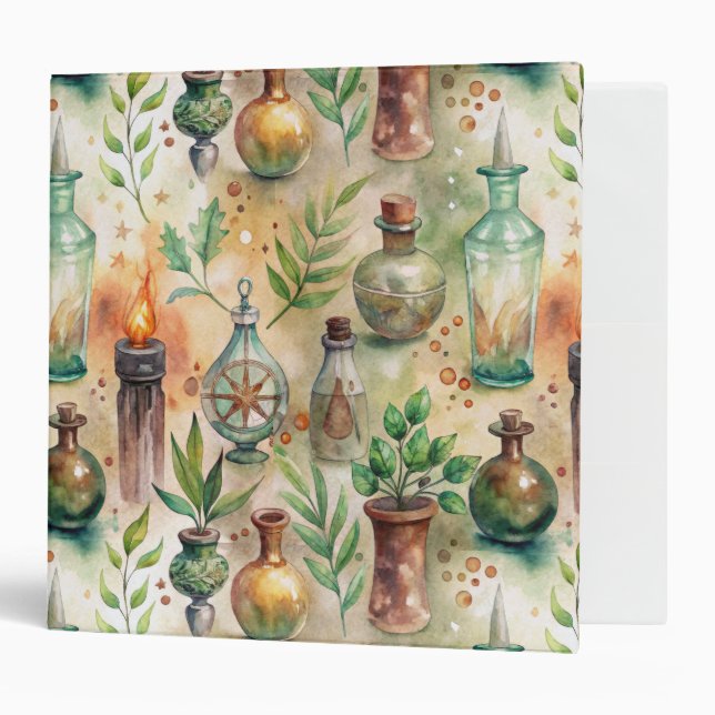 Rustic Herbalist Bottles Green Brown 3 Ring Binder (Front/Inside)