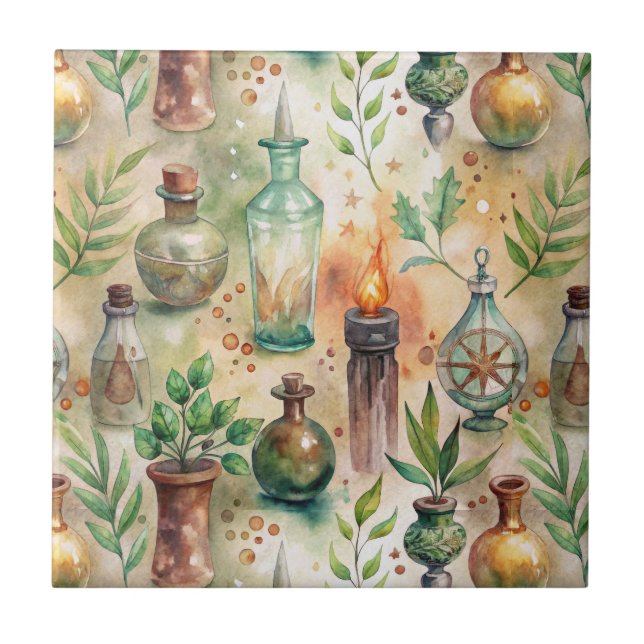 Rustic Herbalist Bottles Green Brown Ceramic Tile (Front)