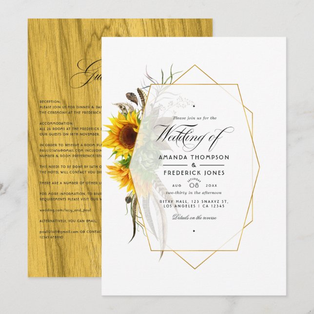 Rustic Herbarium Sunflowers Bohemian Wedding Invitation (Front/Back)