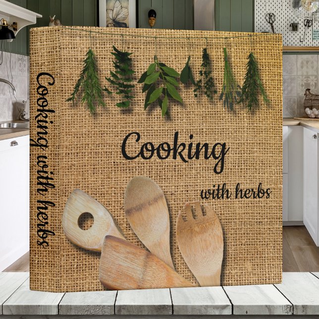 Rustic Herbs and Burlap Personalized Recipe Binder (Recipe binder featuring a rustic burlap design with herbs and wood kitchen utensils )