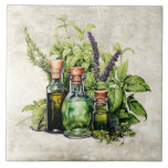 Rustic Herbs Beautiful Vintage Bottles Ceramic Tile<br><div class="desc">Rustic bunches of herbs and lovely ornate bottles with oils.   Shabby chic decor for your home.  Perfect for your country French or cottage farmhouse kitchen. Faux texture background.</div>