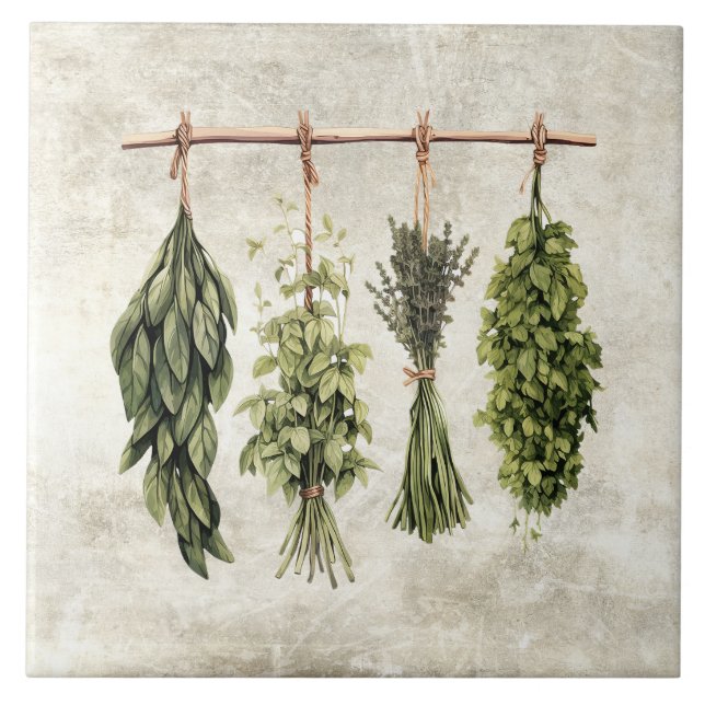 Rustic Herbs Drying on Twine Ceramic Tile (Front)