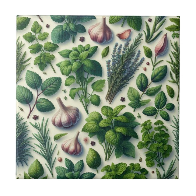 Rustic Herbs Farmhouse Kitchen Decor Ceramic Tile (Front)