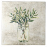 Rustic Herbs in Vintage Jar  Ceramic Tile<br><div class="desc">Beautiful rustic herbs in a water filled vintage jar.  Shabby chic decor for your home.  Perfect for your country French or cottage farmhouse kitchen. Faux texture background.</div>