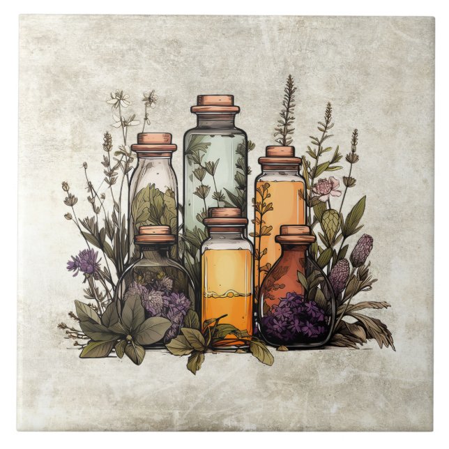 Rustic Herbs & Spices in Bottles Watercolors Ceramic Tile (Front)