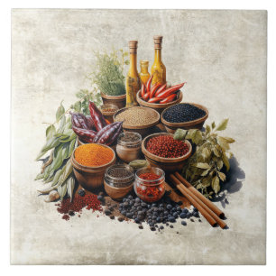 Rustic Herbs Spices in Watercolors Ceramic Tile