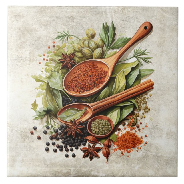 Rustic Herbs & Spices Watercolors Ceramic Tile (Front)