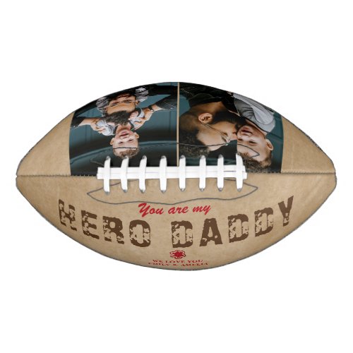 Rustic Hero Daddy Father`s Day 2 Photo Collage  Football - Rustic You are my Hero Daddy Father`s Day 2 Photo Collage Football. The background is rustic beige and the text is a trendy typography. Personalized football for a dad. Add 2 photos and your names. You can change daddy to dad, pap, papa,.... Perfect gift for a father on a Father`s Day, birthday or Christmas and it`s a sweet keepsake.