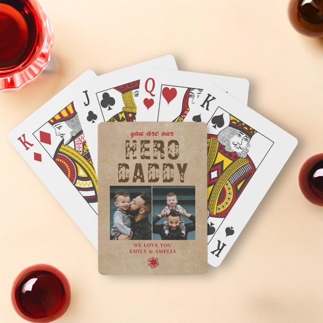 Rustic Hero Daddy Father`s Day 2 Photo Collage Poker Cards (Creator Uploaded)