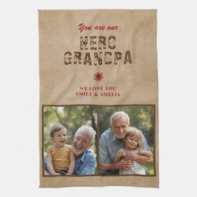 Rustic Hero Grandpa Father`s Day 2 Photo Collage Kitchen Towel (Vertical)