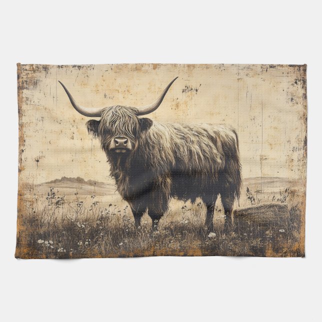 Rustic Highland Cattle Kitchen Towel (Horizontal)
