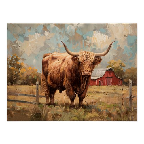 Rustic Highland Cow and Barn Decoupage Poster