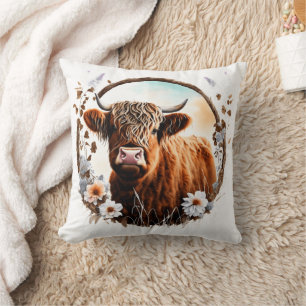 Rustic Highland Cow and Wildflower Throw Pillow