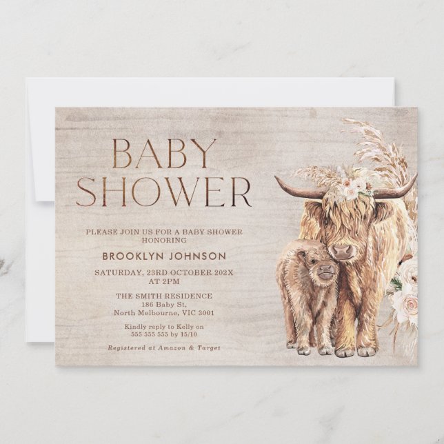 Rustic Highland Cow Calf Baby Shower Invitation (Front)