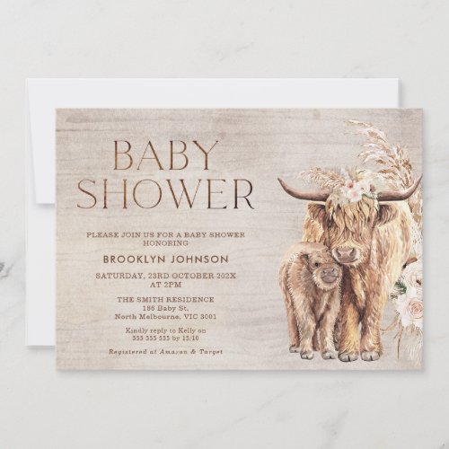 Rustic Highland Cow Calf Baby Shower Invitation