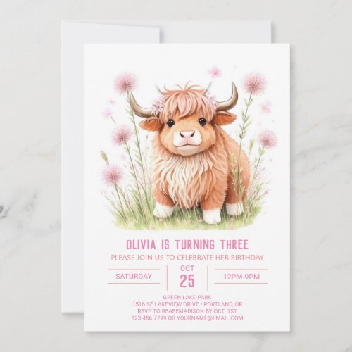 Rustic Highland Cow Farmyard Girl Birthday Invitation