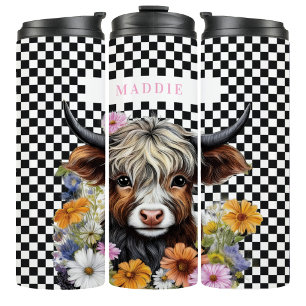 Rustic Highland Cow Floral Checkered Tumbler Mug