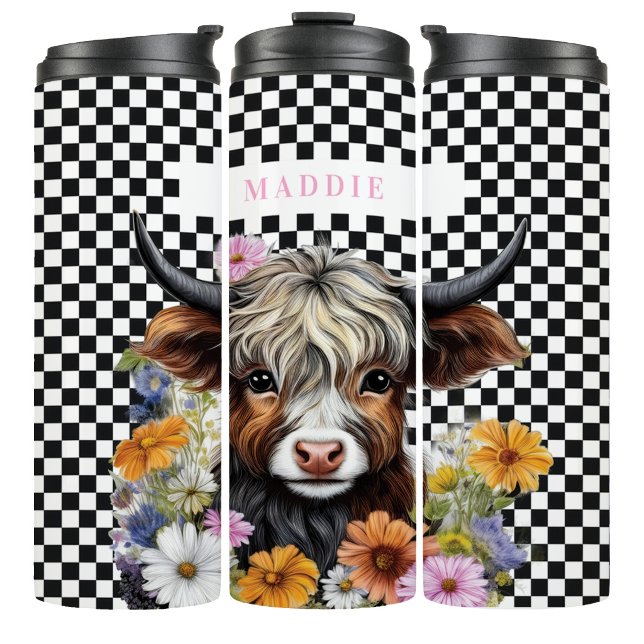 Rustic Highland Cow Floral Checkered Tumbler Mug (Creator Uploaded)