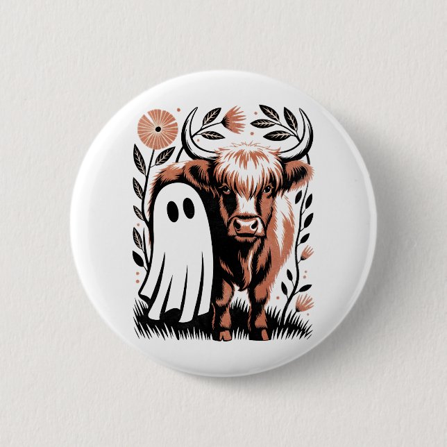 Rustic Highland Cow Ghost Halloween Button (Front)