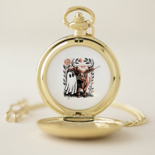 Rustic Highland Cow Ghost Halloween Pocket Watch