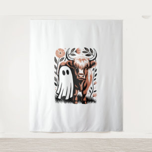 Rustic Highland Cow Ghost Halloween Tapestry