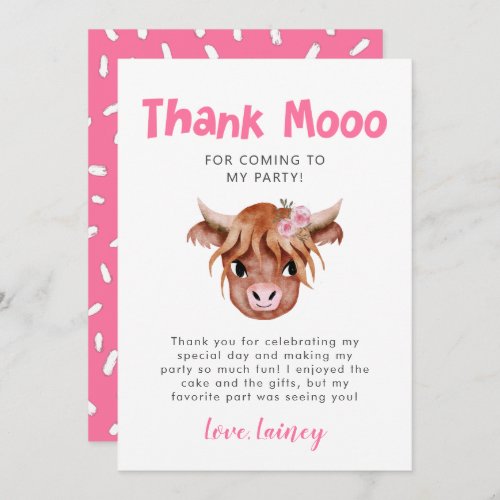 Rustic Highland Cow Girls Birthday Thank You Card