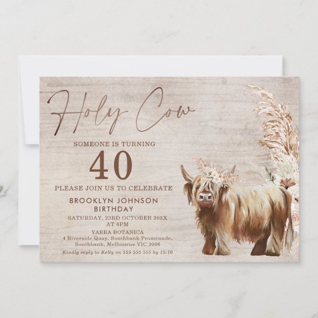 Rustic Highland Cow Holy Cow 40th Birthday Invitation (Front)
