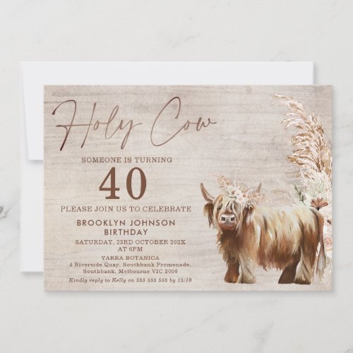Rustic Highland Cow Holy Cow 40th Birthday Invitation