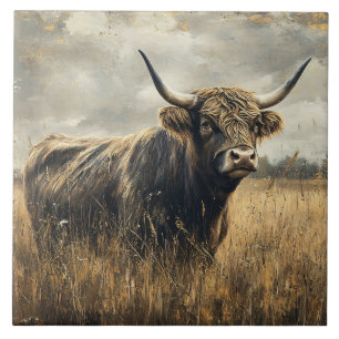 Rustic Highland Cow Landscape Art Ceramic Tile