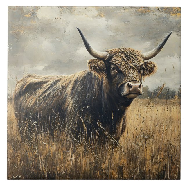 Rustic Highland Cow Landscape Art Ceramic Tile (Front)