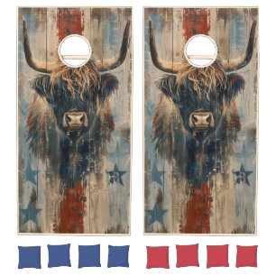 Rustic Highland Cow Patriotic Americana Cornhole Set