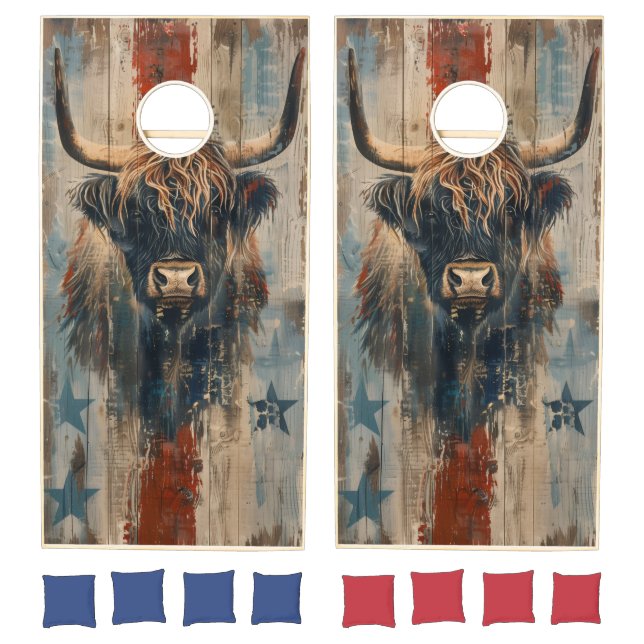 Rustic Highland Cow Patriotic Americana Cornhole Set (Set)