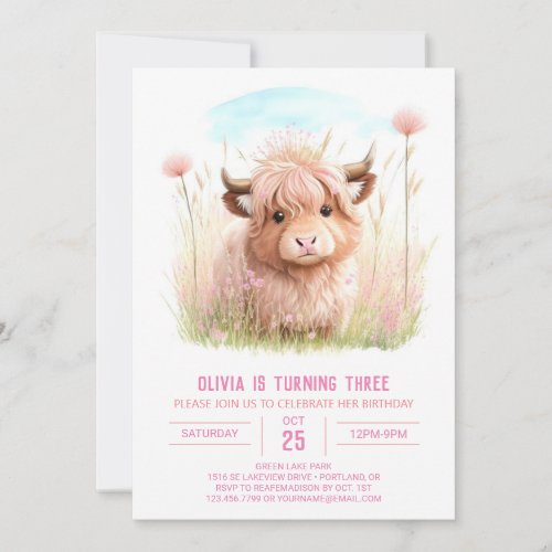 Rustic Highland Cow Pink Party Birthday Invitation