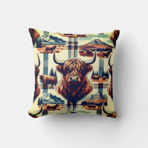 Rustic Highland Cow Plaid Throw Pillow