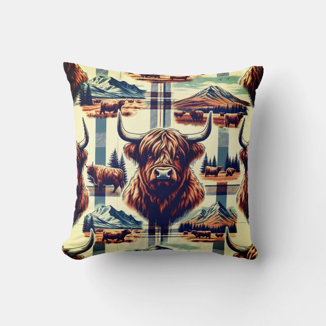 Rustic Highland Cow Plaid Throw Pillow (Front)