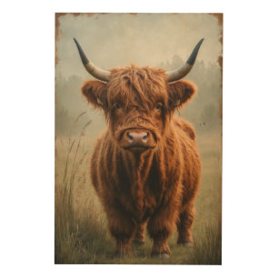Rustic Highland Cow Portrait Golden Fur Misty Wood Wall Art