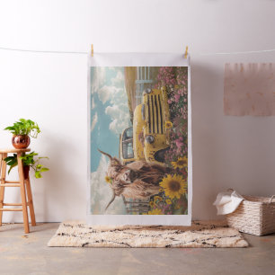 Rustic Highland Cow Vintage Truck Sunflowers Fabric