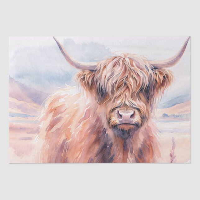 Rustic Highland Cow – Watercolor Landscape Tissue Paper (Front)