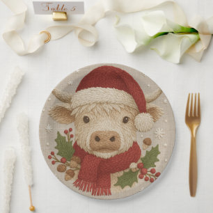 Rustic Highland Cow with Santa Hat Paper Plates