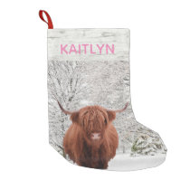 Rustic Highland Hairy Cow Personalized Snow Small Christmas Stocking
