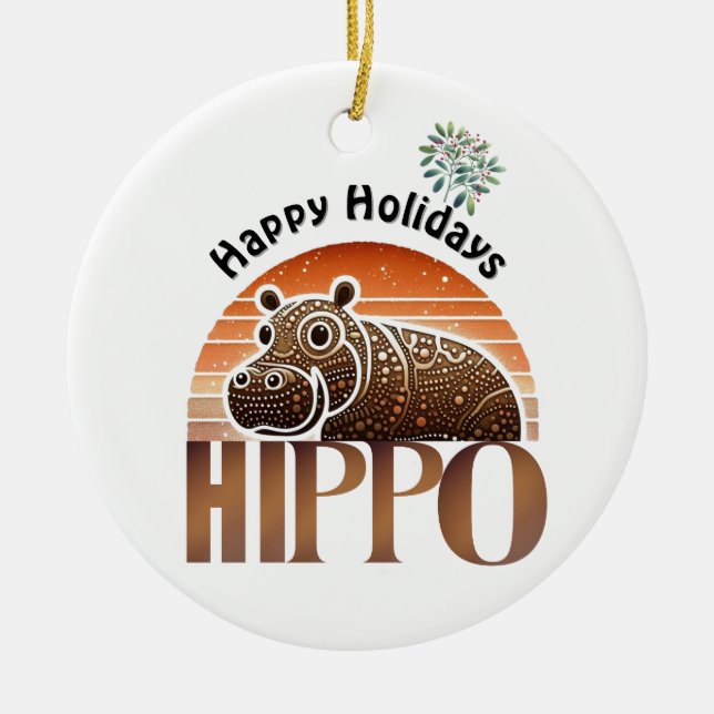 Rustic Hippo Earth Tones Holidays Ceramic Ornament (Front)